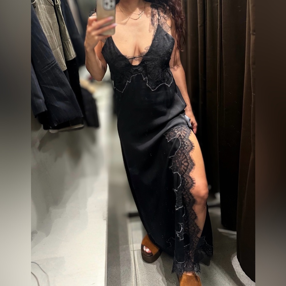 ZARA Black Satin & Lace Slip Maxi Dress with Side Slit (NWT)